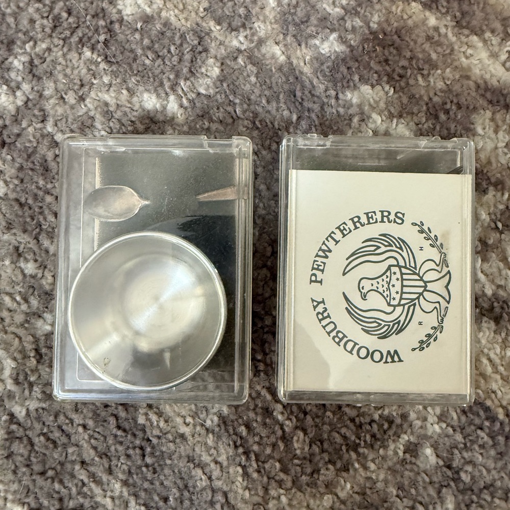 Woodbury Pewterers Silver Pewter Salt bowls with small spoon.